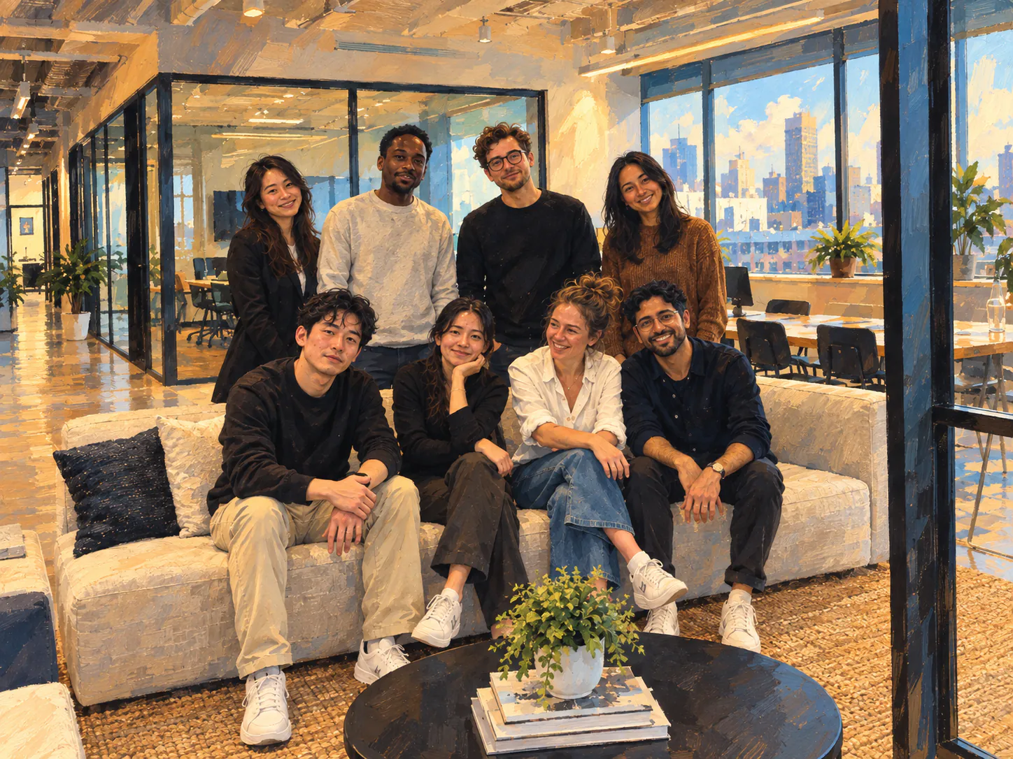 A painted illustration of a small team together in a bright city office.