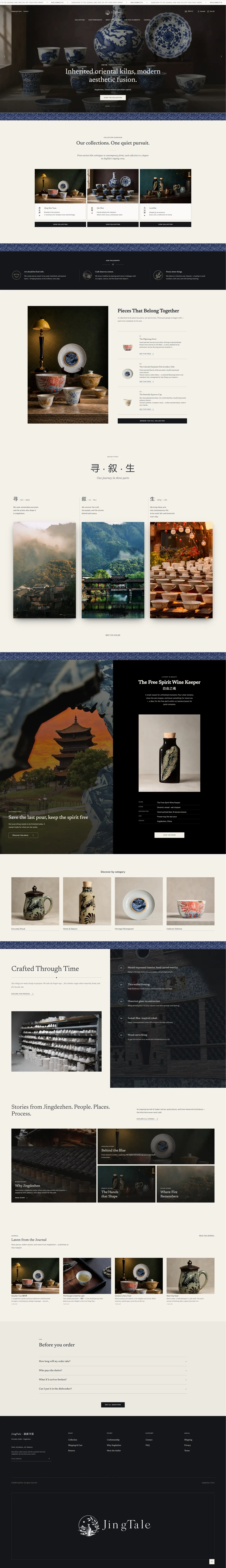 The whole JingTale home page, top to bottom: the blue-and-white porcelain hero, the three collections, pieces that belong together, the Seek, Tell, Life journey, the Free Spirit Wine Keeper, shop by category, crafted through time, stories from Jingdezhen, the latest Journal articles, questions before you order, and the footer.