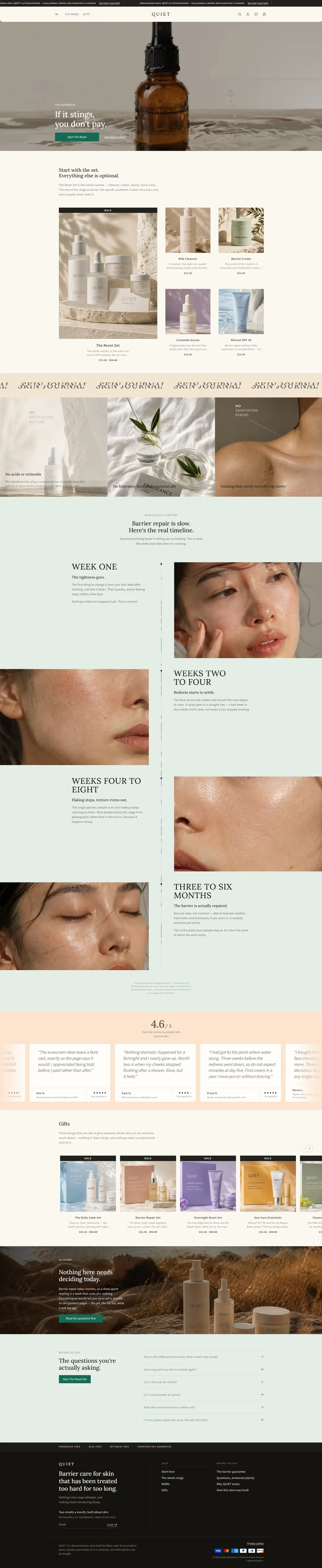 The whole QUIET home page, top to bottom: the guarantee hero, the starter set and range, three product promises, a week-by-week barrier repair timeline, reviews, gift sets, a reassurance banner, common questions and the footer.