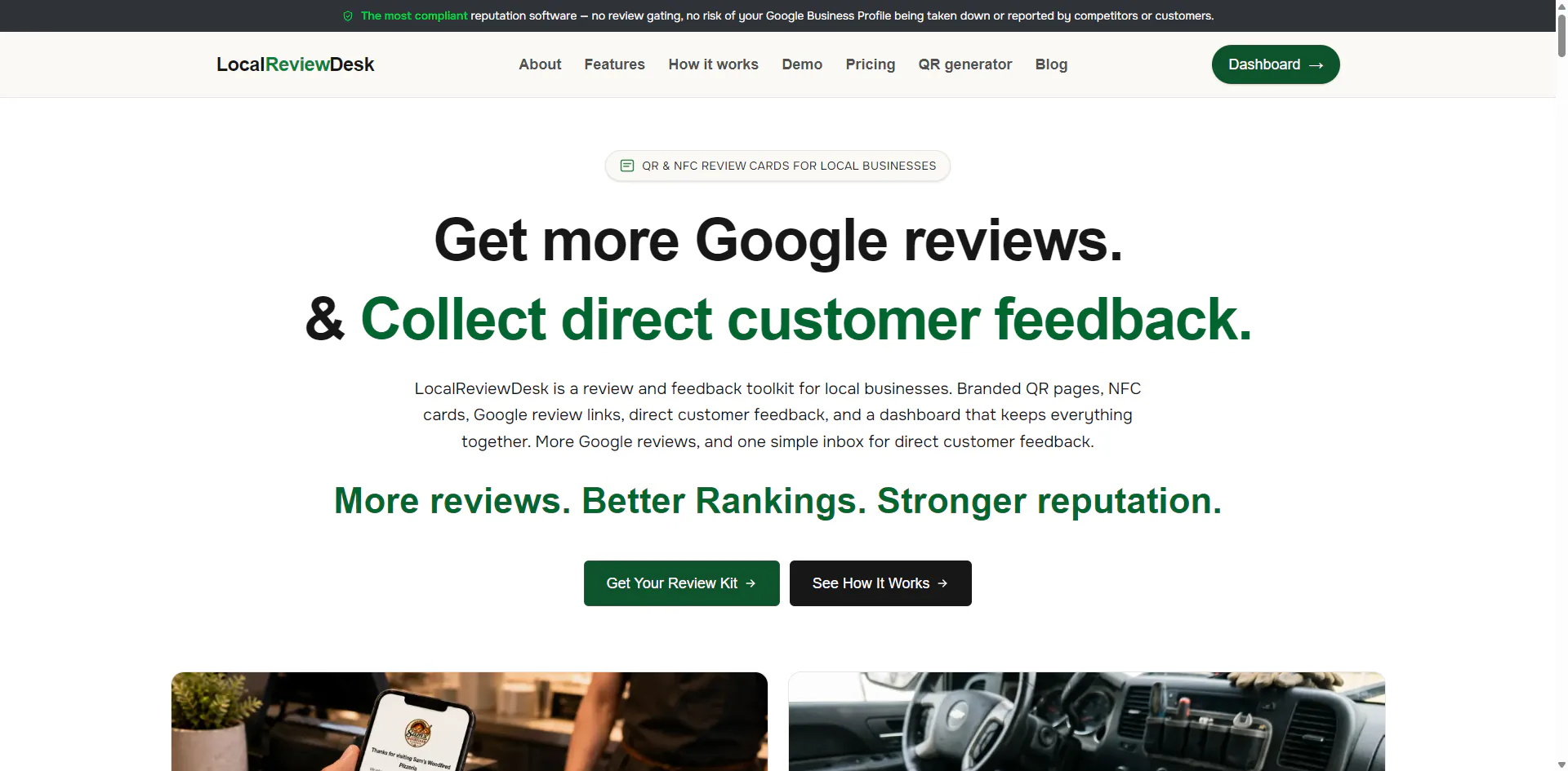 LocalReviewDesk home page: the headline "Get more Google reviews. & Collect direct customer feedback." above two call-to-action buttons.