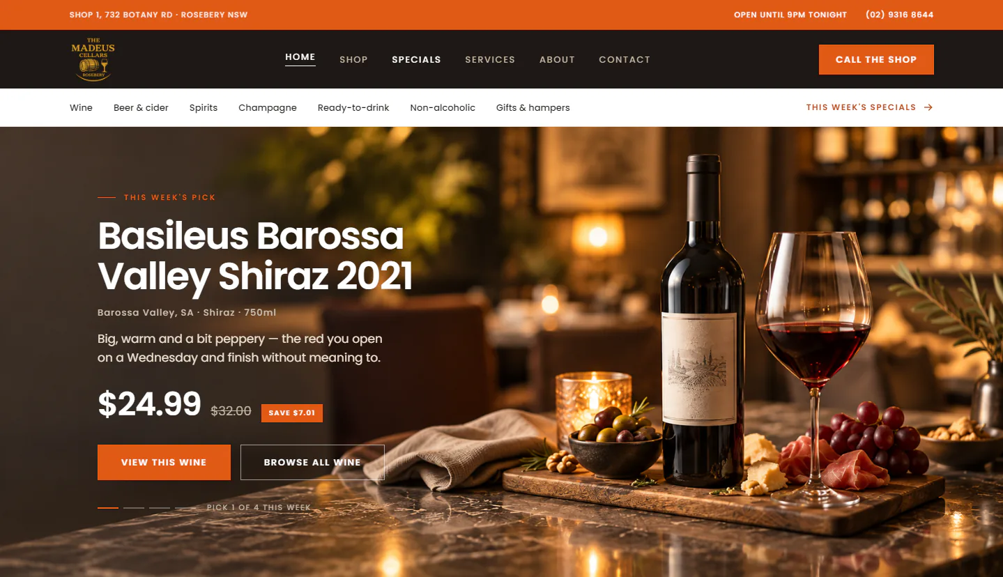 Madeus Cellar home page: this week's pick, a Barossa Valley Shiraz, below the shop's address, hours and category menu.
