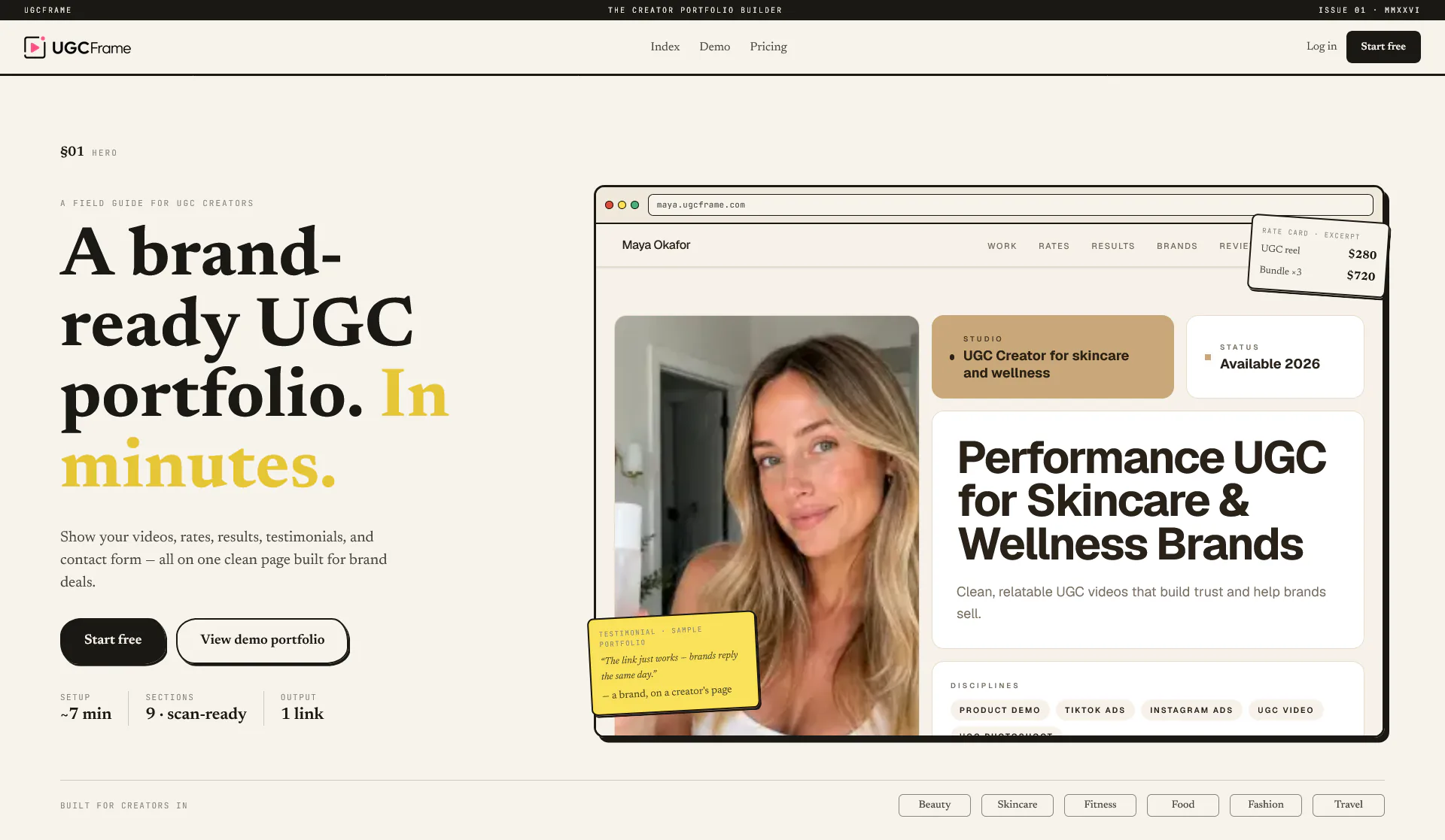 UGCFrame home page: the headline "A brand-ready UGC portfolio. In minutes." beside a sample creator portfolio shown in a browser window.