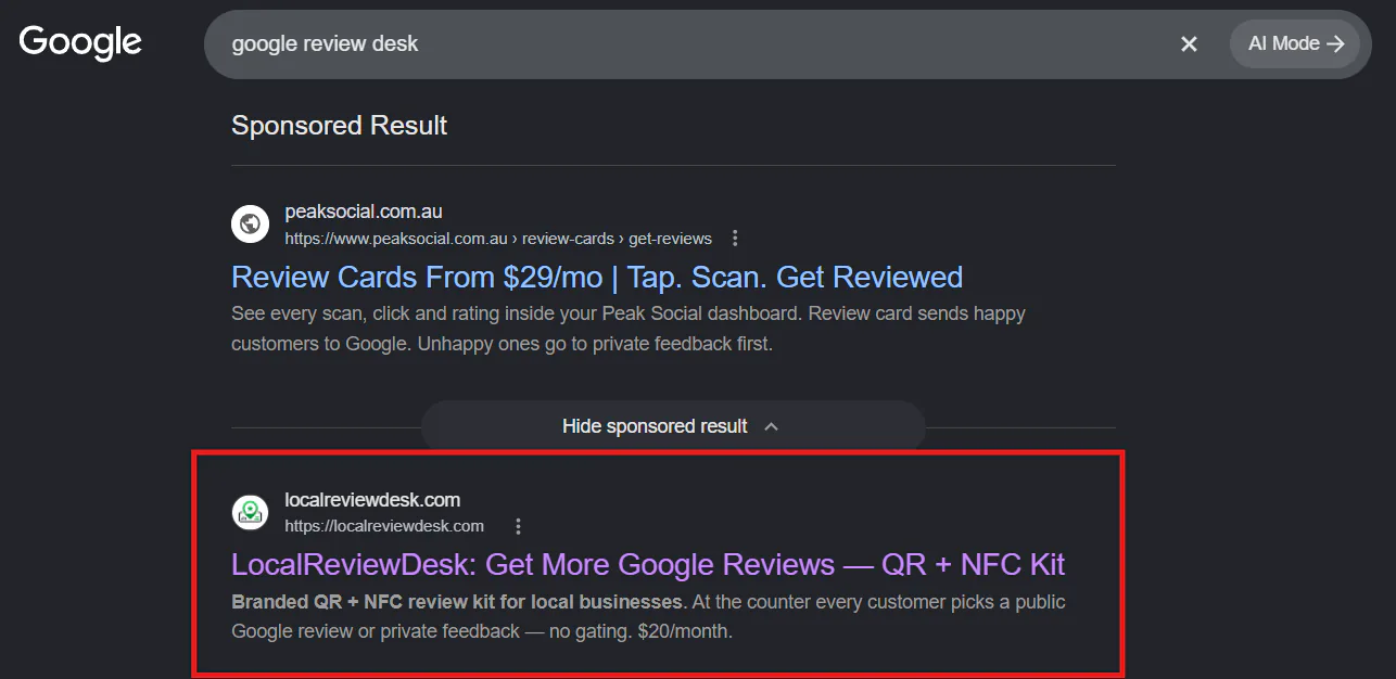 A Google search for "google review desk": one sponsored result, then localreviewdesk.com as the first organic result, outlined in red.