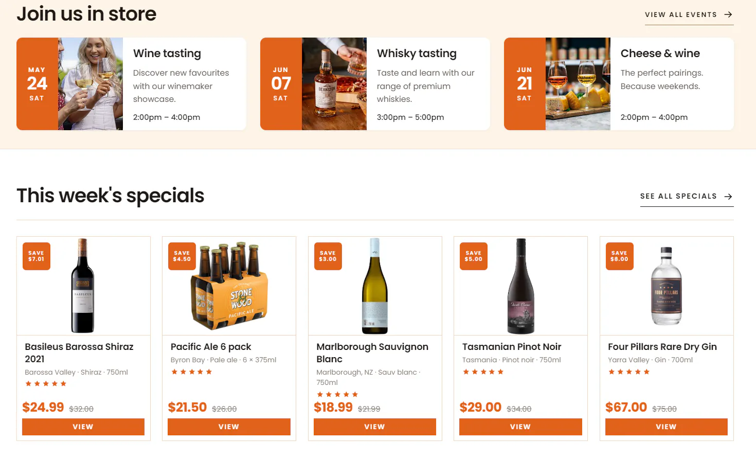 The Madeus Cellar events and specials sections: three in-store tasting events with dates and times, then this week's specials as product cards with savings, ratings and prices.