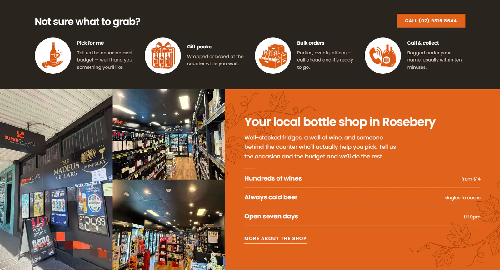 The Madeus Cellar services and store sections: pick for me, gift packs, bulk orders and call and collect, then photographs of the Rosebery shop beside a short introduction.